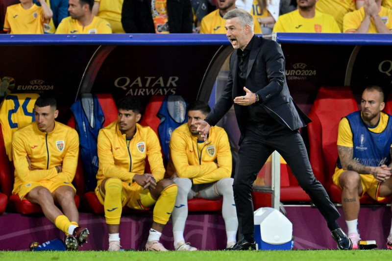 Coach Edward Iordanescu of Romania pictured during a soccer game between the national teams of Belgium, called the Red Devils and Romania on the second matchday in Group E in the group stage of the UEFA Euro 2024 tournament , on Saturday 22 June 2024 in