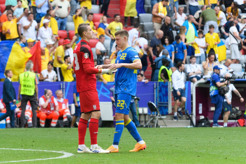 Munich, Germany, June 17th 2024: Andriy Lunin (23 Ukraine) and Mykola Matviyenko (22 Ukraine) after the UEFA EURO, EM, E