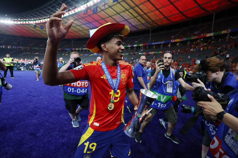 Berlin, Germany, 14th July 2024. Lamine Yamal of Spain celebrates victory during the UEFA European Championships final m