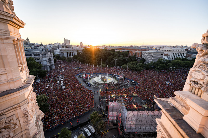 Spanish football team celebrates in Madrid after Spain wins Euro 2024 against England