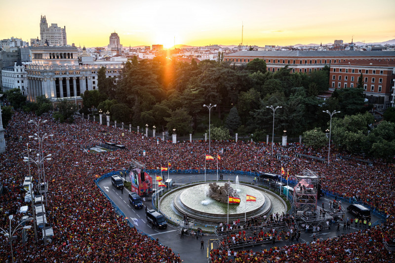 Spanish football team celebrates in Madrid after Spain wins Euro 2024 against England