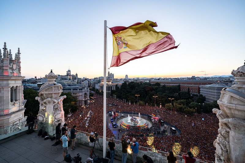 Spanish football team celebrates in Madrid after Spain wins Euro 2024 against England