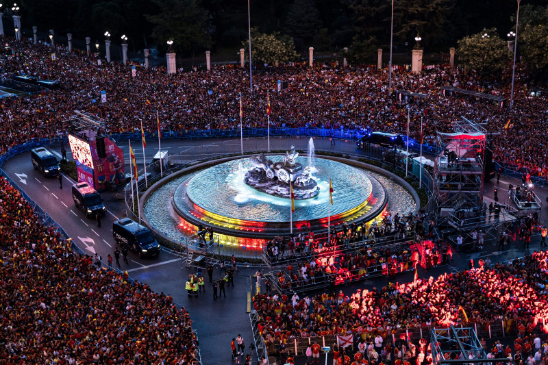 Spanish football team celebrates in Madrid after Spain wins Euro 2024 against England