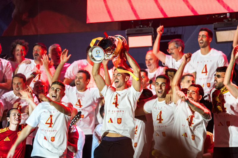 Spanish football team celebrates in Madrid after Spain wins Euro 2024 against England