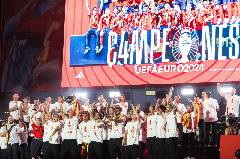 Spanish football team celebrates in Madrid after Spain wins Euro 2024 against England