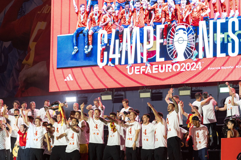 Spanish football team celebrates in Madrid after Spain wins Euro 2024 against England