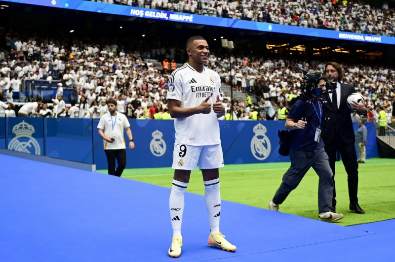 Kylian Mbappe seen during his presentation as new player of Real Madrid at Estadio Santiago Bernabeu on July 16, 2024 in Madrid, Spain.