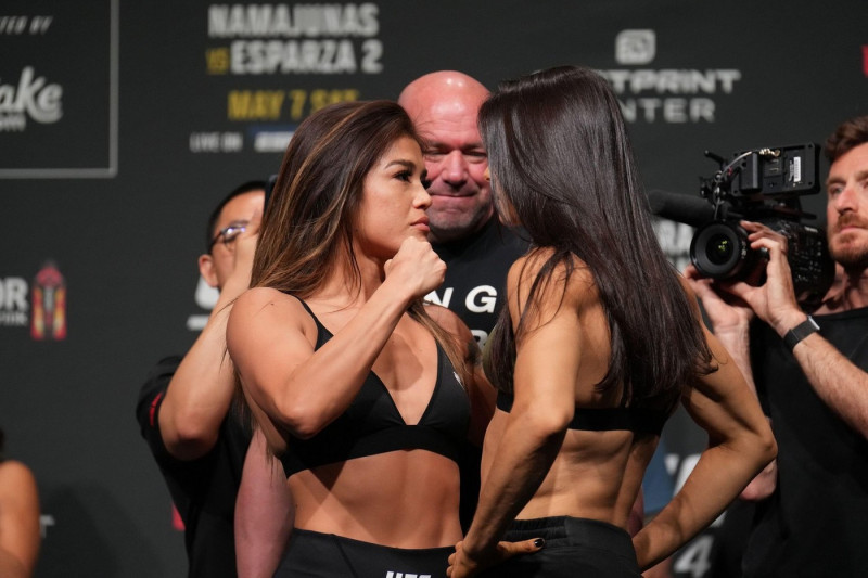 Phoenix, Arizona, United States. 06th May, 2022. PHOENIX, AZ - May 6: Tracy Cortez (L) and Melissa Gatto (R) face-off for the fans in attendance at Hyatt Regency for UFC 274 - Oliveira vs Gaethje : Ceremonial Weigh-in on May 6, 2022 in Phoenix, Arizona, U