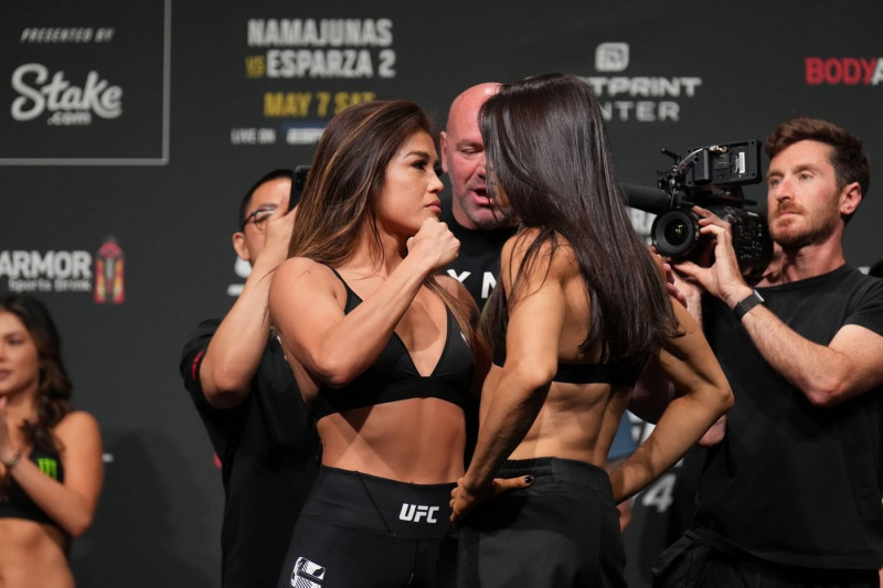 Phoenix, Arizona, United States. 06th May, 2022. PHOENIX, AZ - May 6: Tracy Cortez (L) and Melissa Gatto (R) face-off for the fans in attendance at Hyatt Regency for UFC 274 - Oliveira vs Gaethje : Ceremonial Weigh-in on May 6, 2022 in Phoenix, Arizona, U