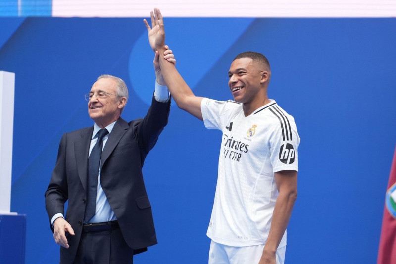 President of Real Madrid Florentino PEREZ and Kylian MBAPPE during his presentation as a new player of Real Madrid CF on 16 July 2024 at Santiago Bernabeu stadium in Madrid, Spain