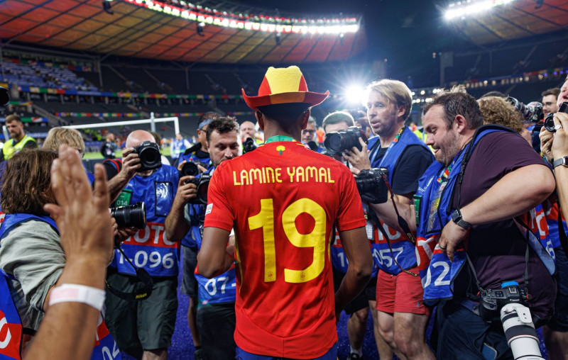 Lamine Yamal seen celebrating and crowded by photographers after winning UEFA EURO, EM, Europameisterschaft,Fussball 202