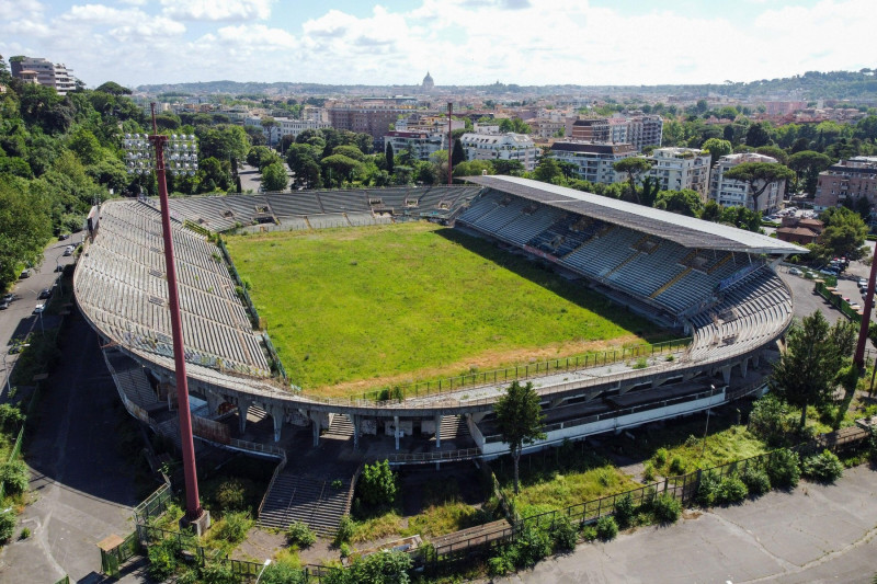 Rome, Italy. 21st May, 2024. (EDITOR'S NOTE: Image taken by a drone) Aerial view of Flaminio Stadium in Rome. After 13 years of abandonment, the long process for the redevelopment of the Flaminio Stadium in Rome has begun. It's a race but Lazio seems to b