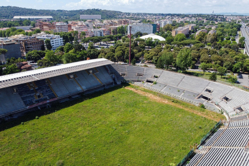 Rome, Italy. 21st May, 2024. (EDITOR'S NOTE: Image taken by a drone) Aerial view of Flaminio Stadium in Rome. After 13 years of abandonment, the long process for the redevelopment of the Flaminio Stadium in Rome has begun. It's a race but Lazio seems to b