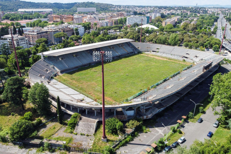 Rome, Italy. 21st May, 2024. (EDITOR'S NOTE: Image taken by a drone) Aerial view of Flaminio Stadium in Rome. After 13 years of abandonment, the long process for the redevelopment of the Flaminio Stadium in Rome has begun. It's a race but Lazio seems to b