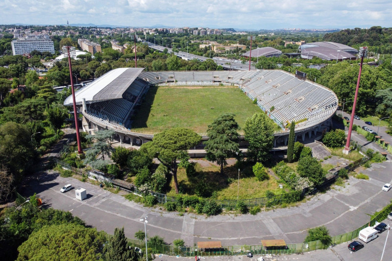 Rome, Italy. 21st May, 2024. (EDITOR'S NOTE: Image taken by a drone) Aerial view of Flaminio Stadium in Rome. After 13 years of abandonment, the long process for the redevelopment of the Flaminio Stadium in Rome has begun. It's a race but Lazio seems to b