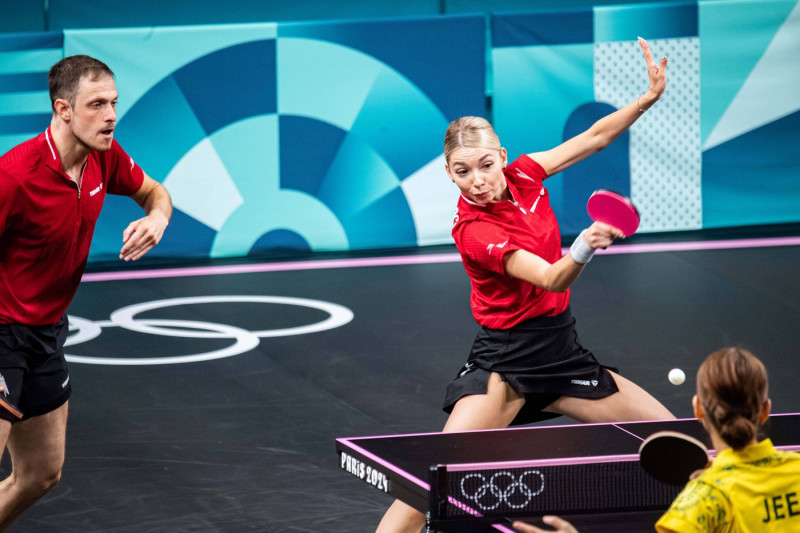 Ovidiu Ionescu and Bernadette Szocs (ROU), Mixed doubles Table tennis, Tischtennis against Nicholas Lum and Minhyung Jee