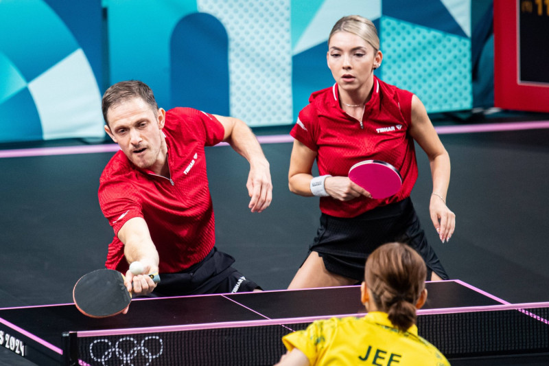 Ovidiu Ionescu and Bernadette Szocs (ROU), Mixed doubles Table tennis, Tischtennis against Nicholas Lum and Minhyung Jee