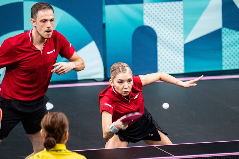 Ovidiu Ionescu and Bernadette Szocs (ROU), Mixed doubles Table tennis, Tischtennis against Nicholas Lum and Minhyung Jee