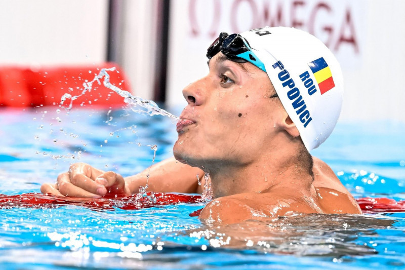 Paris, France. 28th July, 2024. David Popovici of Romania reacts after competing in the swimming 200m Freestyle Men Heats during the Paris 2024 Olympic Games at La Defense Arena in Paris (France), July 28, 2024. Credit: Insidefoto di andrea staccioli/Alam