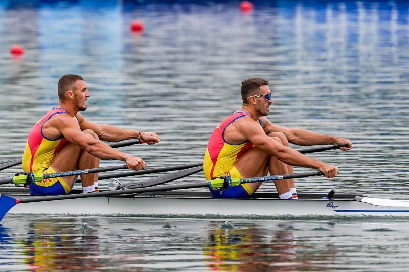 Paris, France. 27th July, 2024. PARIS, FRANCE - JULY 27: Andrei Sebastian Cornea of Romania and Marian Florian Enache of Romania competing in the Men's Double Sculls Heat during Day 1 of Rowing - Olympic Games Paris 2024 at Vaires-Sur-Marne Nautical Stadi