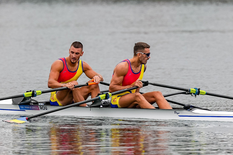 Paris, France. 27th July, 2024. PARIS, FRANCE - JULY 27: Andrei Sebastian Cornea of Romania and Marian Florian Enache of Romania competing in the Men's Double Sculls Heat during Day 1 of Rowing - Olympic Games Paris 2024 at Vaires-Sur-Marne Nautical Stadi