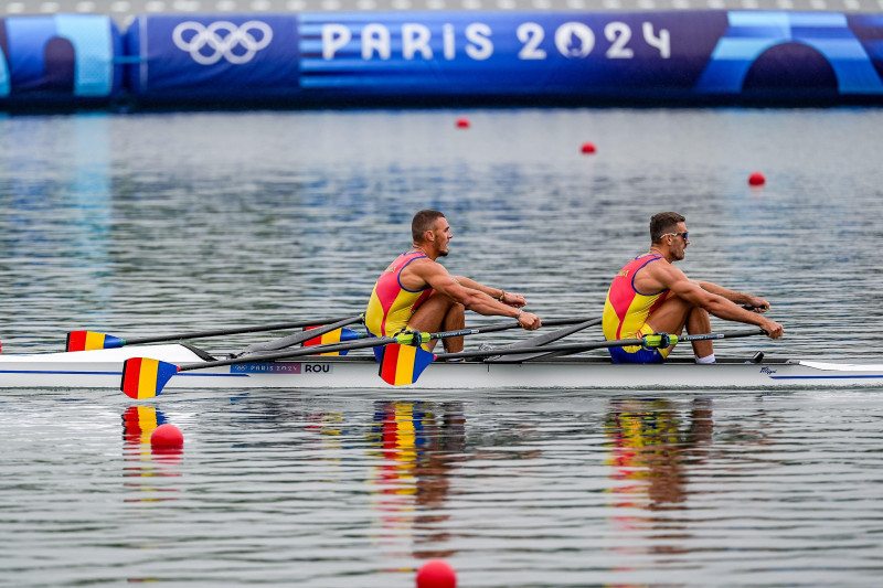 Paris, France. 27th July, 2024. PARIS, FRANCE - JULY 27: Andrei Sebastian Cornea of Romania and Marian Florian Enache of Romania competing in the Men's Double Sculls Heat during Day 1 of Rowing - Olympic Games Paris 2024 at Vaires-Sur-Marne Nautical Stadi