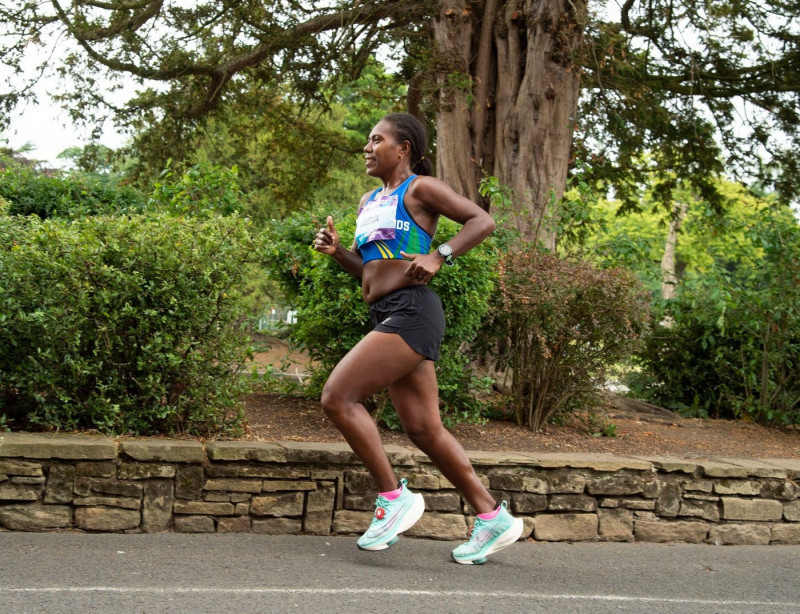 Sharon Firisua (SOL) competing in the women's marathon on day two of the Commonwealth Games at Cannon Hill Park, Edgbaston in Birmingham, England, on