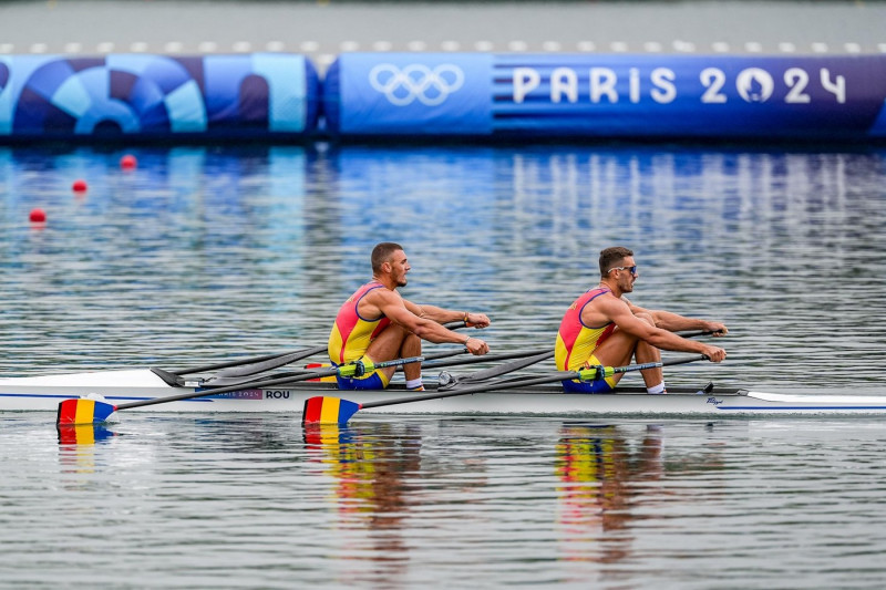 Paris, France. 27th July, 2024. PARIS, FRANCE - JULY 27: Andrei Sebastian Cornea of Romania and Marian Florian Enache of Romania competing in the Men's Double Sculls Heat during Day 1 of Rowing - Olympic Games Paris 2024 at Vaires-Sur-Marne Nautical Stadi