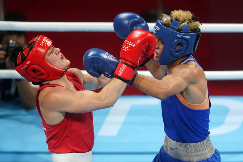 Kellie Anne Harrington (left) of Ireland and Imane Khelif of Algeria during the Women's Light (57-60kg) Quarterfinal 1 at the Kokugikan Arena on the eleventh day of the Tokyo 2020 Olympic Games in Japan. Picture date: Tuesday August 3, 2021.