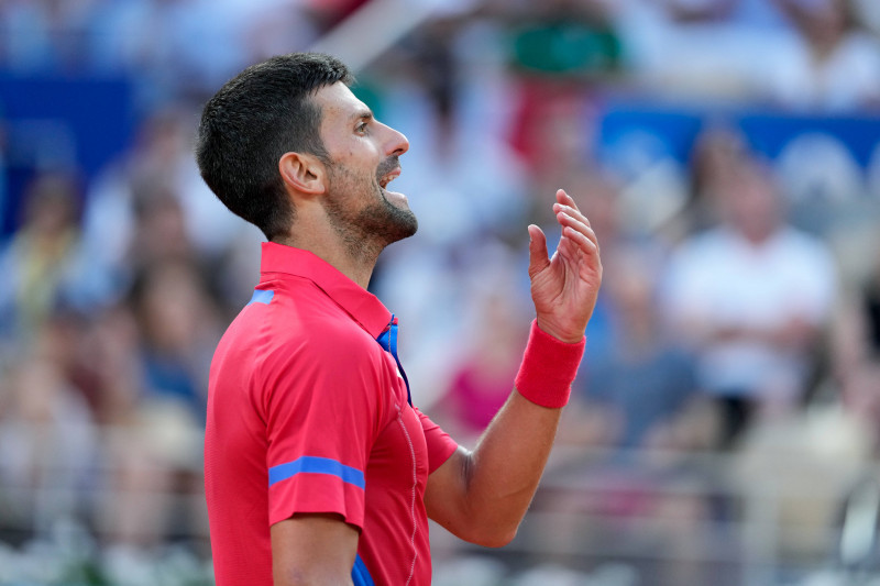 PARIS, FRANCE - AUGUST 2: Novak Djokovic of Serbia complains during the Men s Singles Semi-final on day seven of the Oly