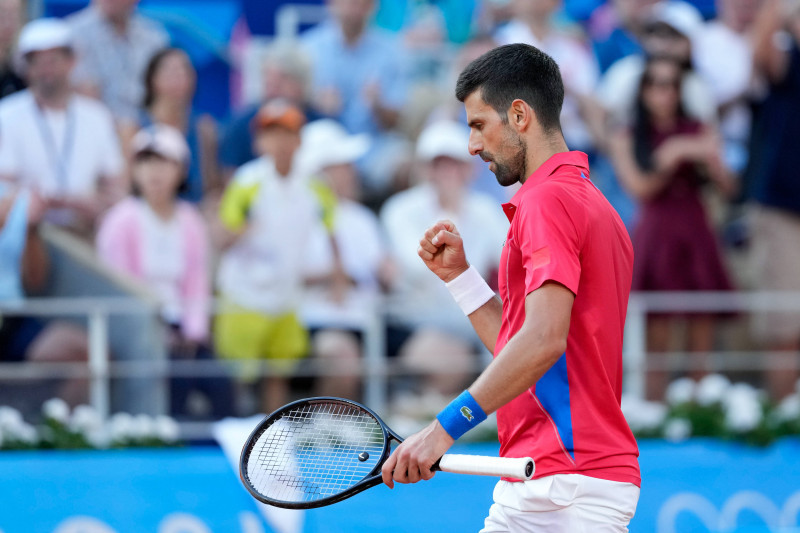 PARIS, FRANCE - AUGUST 2: Novak Djokovic of Serbia celebrates a point during the Men s Singles Semi-final on day seven o