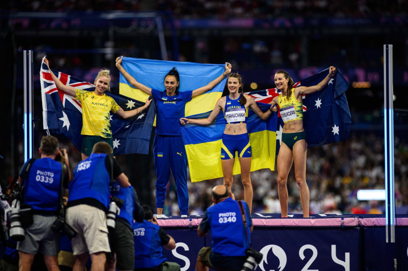 PARIS, FRANCE - 4 AUGUST, 2024: MAHUCHIKH Yaroslava, PATTERSON Eleanor, OLYSLAGERS Nicola, GERASHCHENKO Iryna, High Jump