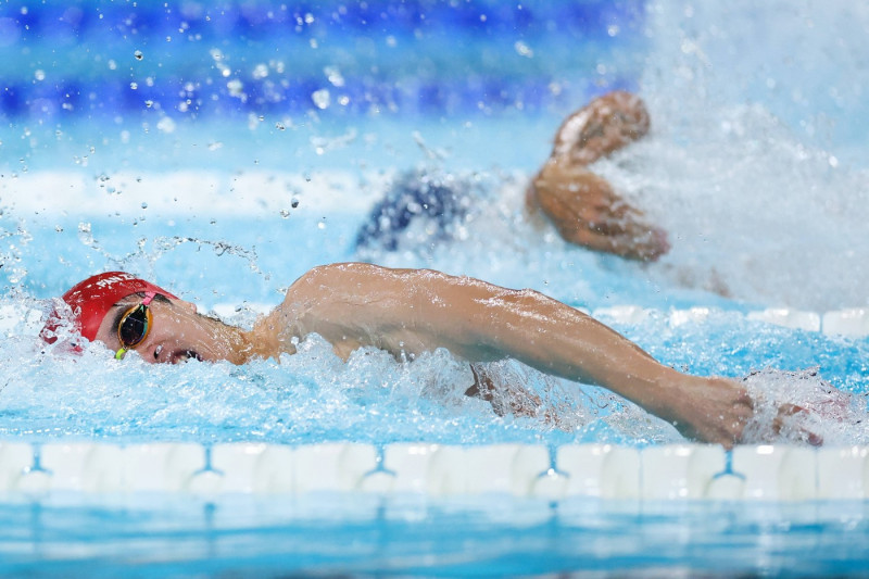 NANTERRE, FRANCE - AUGUST 04: Pan Zhanle of Team China competes during the Swimming - Men s 4 x 100m Medley Relay Final