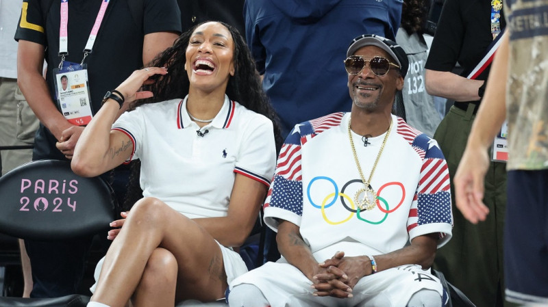 Célébrités assistent au match de basket entre les Etats-Unis et le Brésil (122-87) lors des Jeux Olympiques de Paris2024 (JO)