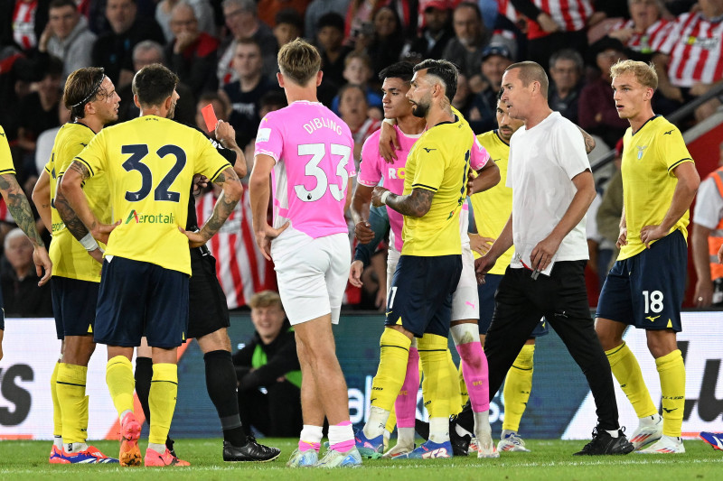 Southampton v SS Lazio Pre-Season Friendly 07/08/2024. Carlos Alcaraz (22) of Southampton is shown a red card, sent off