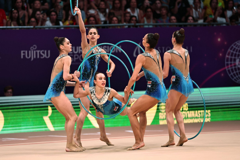 Israel team (no order: Shani Bakanov, Adar Friedmann, Romi Paritzki, Ofir Shaham, Diana Svertsov) during apparatus final