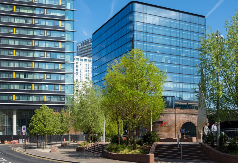 The 101 Embankment office and the CitySuites apartment buildings, from Greengate Square, Salford, Manchester, England, UK