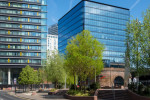 The 101 Embankment office and the CitySuites apartment buildings, from Greengate Square, Salford, Manchester, England, UK