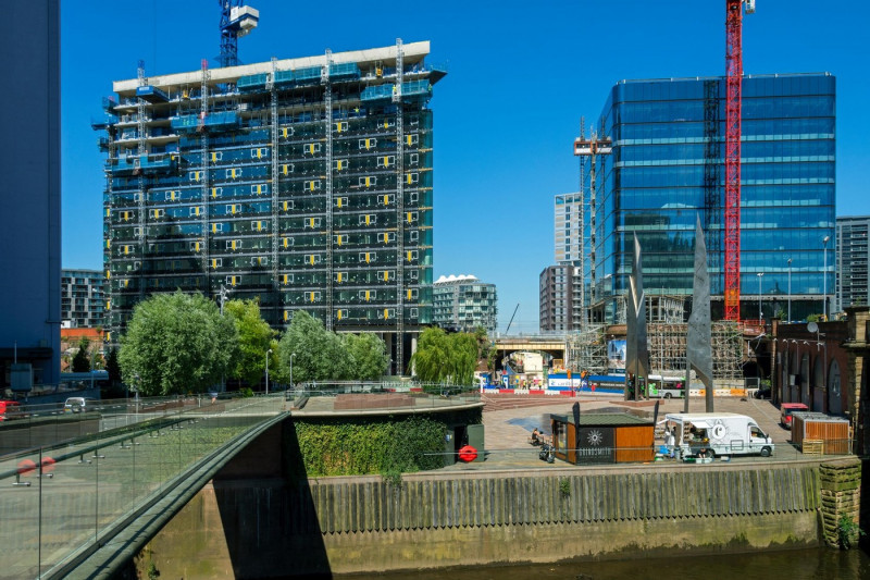 The CitySuites apartment block and 101 Embankment office development, over Greengate Square, Salford, Manchester, England, UK