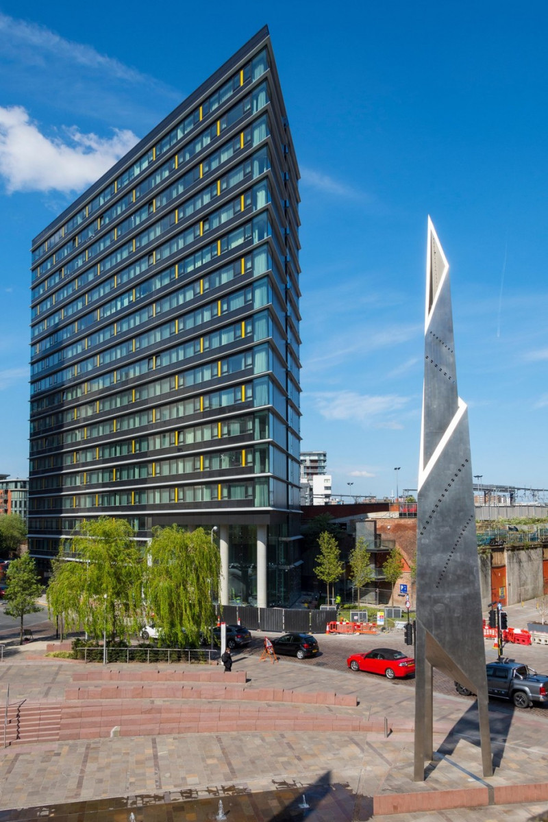 The CitySuites apartment building and metal sculptures, Greengate Square, Salford, Manchester, England, UK