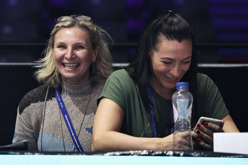 Former Roumanian gymnast Daniela Silivas, USA (right: Catalina Ponor, ROU), during podiumtraining at 2023 world champion