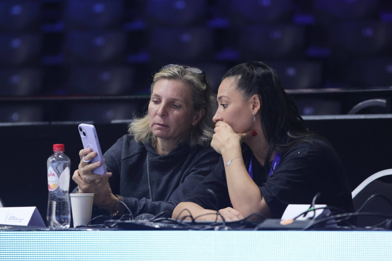 Former gymnasts Daniela Silivas and Catalina Ponor, ROU, during podiumtraining at 2023 world championships in Antwerp; 2