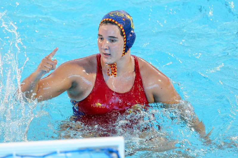 Bernat Picornell Pools, Barcelona, Spain. 27th July, 2018. 33rd European Womens Water Polo Championships, 3rd place playoff, Spain versus Hungary; Paula Leiton of Spain celebrates her team scoring a goal Credit: Action Plus Sports/Alamy Live News