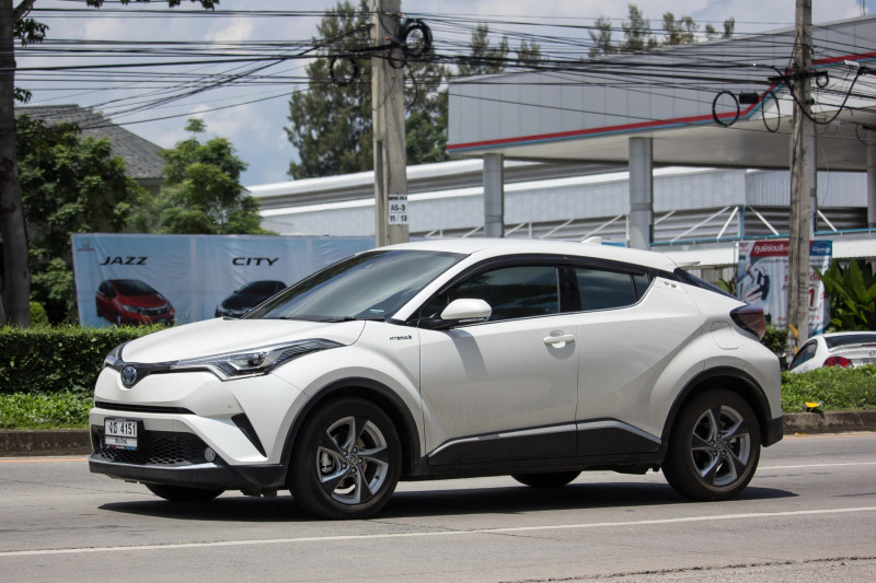 Chiangmai, Thailand - September 11 2018: New Toyota CHR Subcompact Crossover SUV Hybrid Car. Car on road No.121 to Chiangmai City.