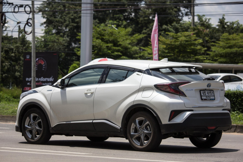 Chiangmai, Thailand - September 11 2018: New Toyota CHR Subcompact Crossover SUV Hybrid Car. Car on road No.121 to Chiangmai City.