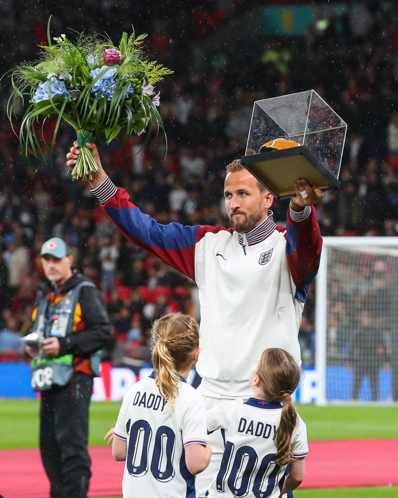 Harry Kane of England receives his golden cap for his 100th appearance for England in tonights UEFA Nations League - League B - Group 2 England v Finland at Wembley Stadium, London, United Kingdom, 10th September 2024(Photo by Gareth Evans/News Images)