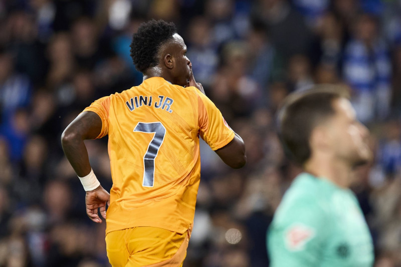 Real Sociedad v Real Madrid CF - LaLiga EA Sports Vinicius Junior Vini Jr of Real Madrid CF celebrates after scoring the