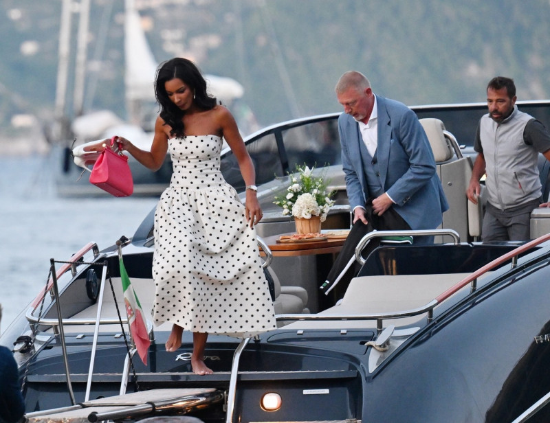 *PREMIUM-EXCLUSIVE* *MUST CALL FOR PRICING* - Tennis legend Boris Becker and Lilian de Carvalho Monteiro enjoy a pre wedding dinner with family and friends at Puny restaurant in Portofino