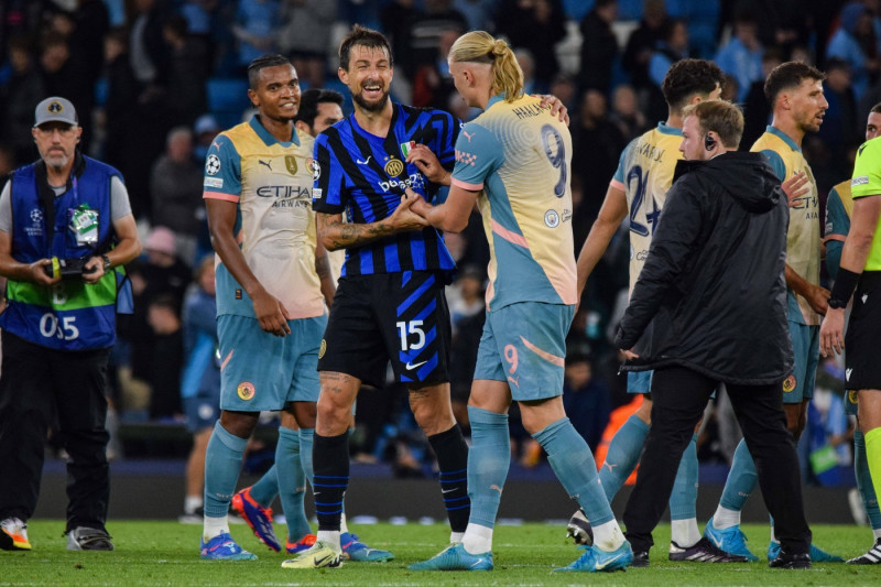 Manchester City FC v Inter Milan Manchester City forward Erling Haaland (9) and Inter Milan defender Francesco Acerbi (1