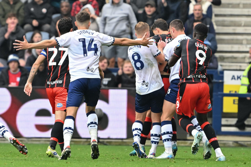 Milutin Osmaji of Preston North End clashes with Owen Beck of Blackburn Rovers during the Sky Bet Championship match Preston North End vs Blackburn Rovers at Deepdale, Preston, United Kingdom, 22nd September 2024(Photo by Cody Froggatt/News Images)